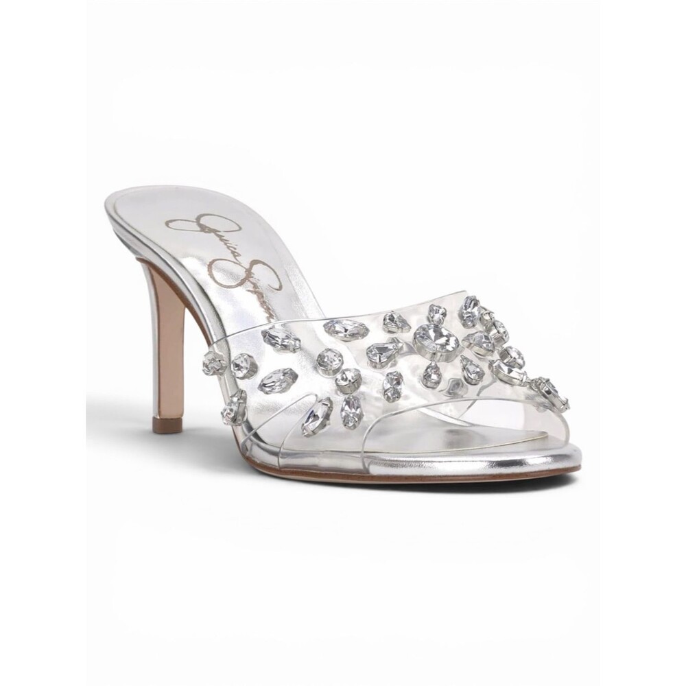 Jessica Simpson Primana Crystal Clear Stiletto Slide Mule Sandals Silver 5 NEW